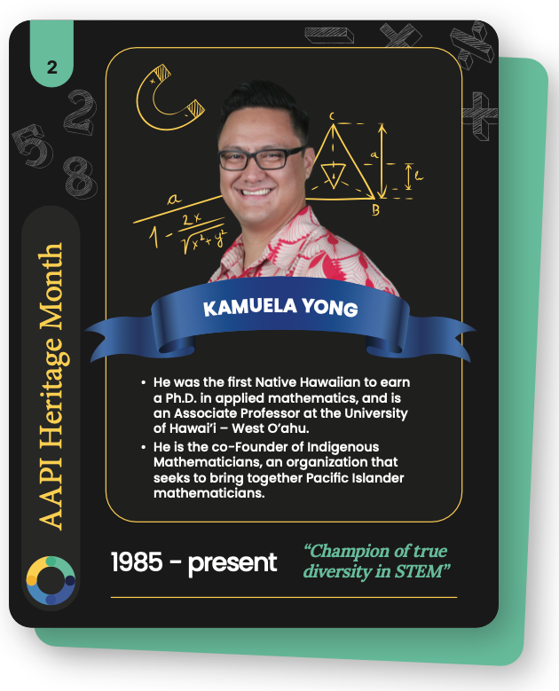 Our next AAPI Mathematician we’re highlighting this mong is Kamuela E Yong. Kamuela is a trailblazer in mathematics, setting the milestone as the first Native Hawaiian to achieve a Ph.D. in applied mathematics.